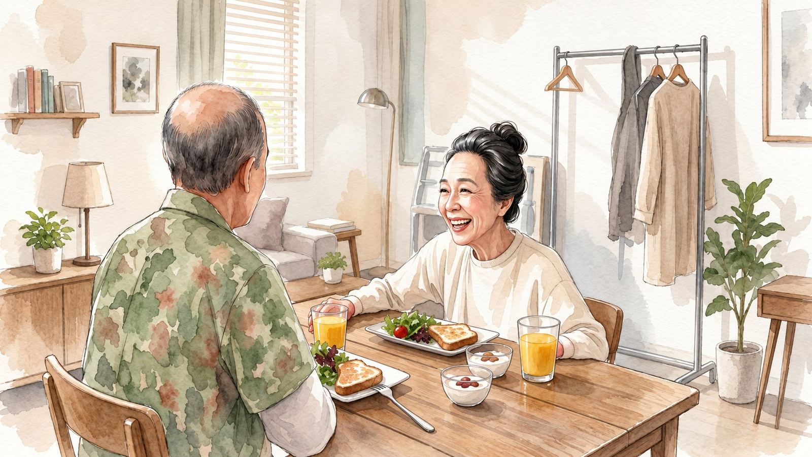 夫婦で朝の食卓を囲む